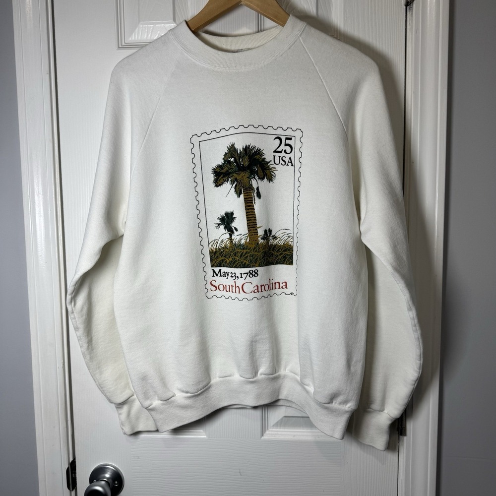 VTG 90s South Carolina Stamp Palm White Sweatshirt Pullover Size XL Jerzees USA